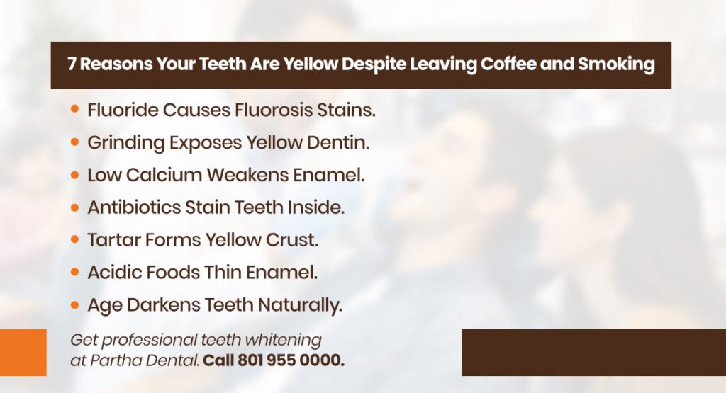 Beyond Coffee And Cigarettes: 7 Surprising Reasons For Yellow Teeth 2 teeth are yellow despite leaving coffee and smoking