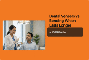 Dentist comparing porcelain veneer shells and composite resin material for dental veneers vs bonding which lasts longer