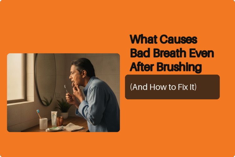 Person checking tongue for causes of bad breath even after brushing