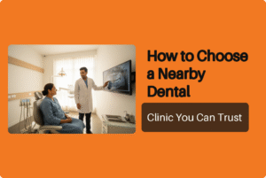 Patient consulting with dentist at nearby dental clinic about treatment options