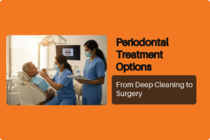 Periodontist measuring gum pocket depth with a periodontal probe during a periodontal examination