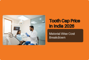 Dentist showing a zirconia tooth cap to a patient during consultation