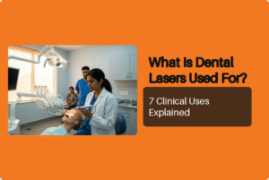 Dentist demonstrating a handheld dental laser device in a clinical setting
