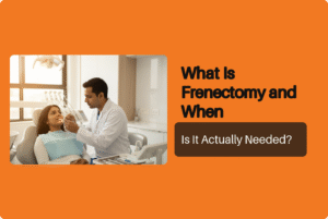 Dentist examining a patient's upper lip frenum during a consultation for what is frenectomy assessment
