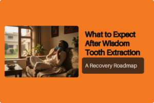Patient recovering at home after what to expect after wisdom tooth extraction, using ice pack and soft foods